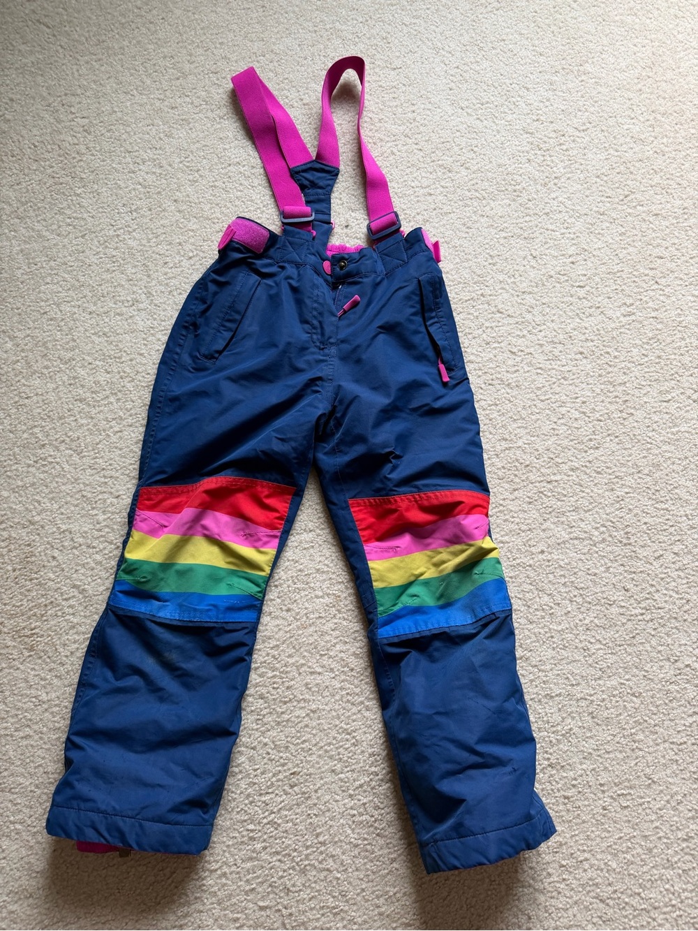 Kids Navy Snow Pants with Rainbow Stripe and Pink Suspenders